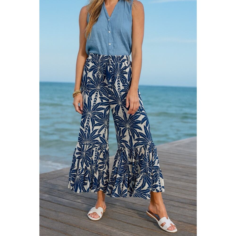 True Destinations Blue & White Tropical Resort Wide Leg Ruffle Pants Size XL